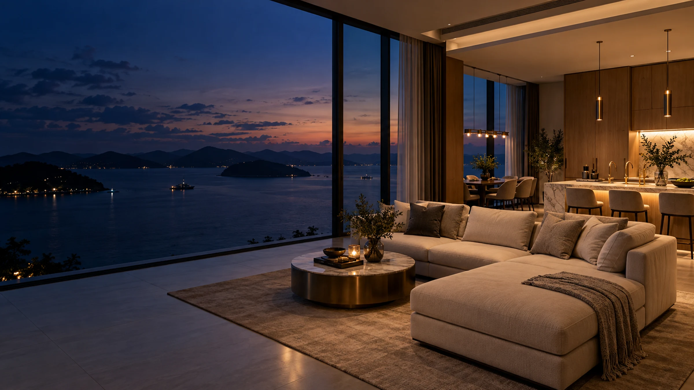 Illustration of a living room overlooking the sea