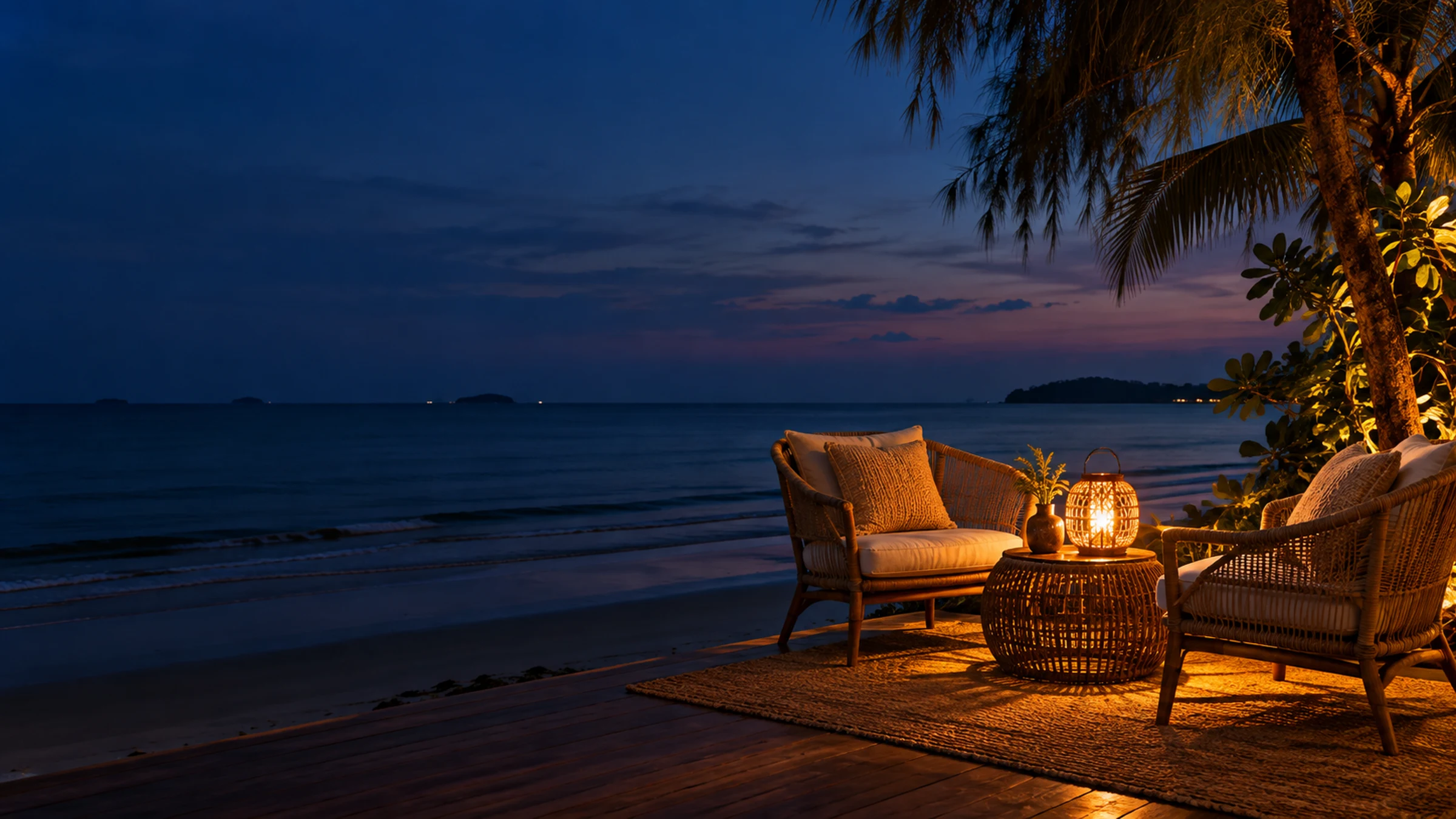 Illustration of a seaside terrace at dusk