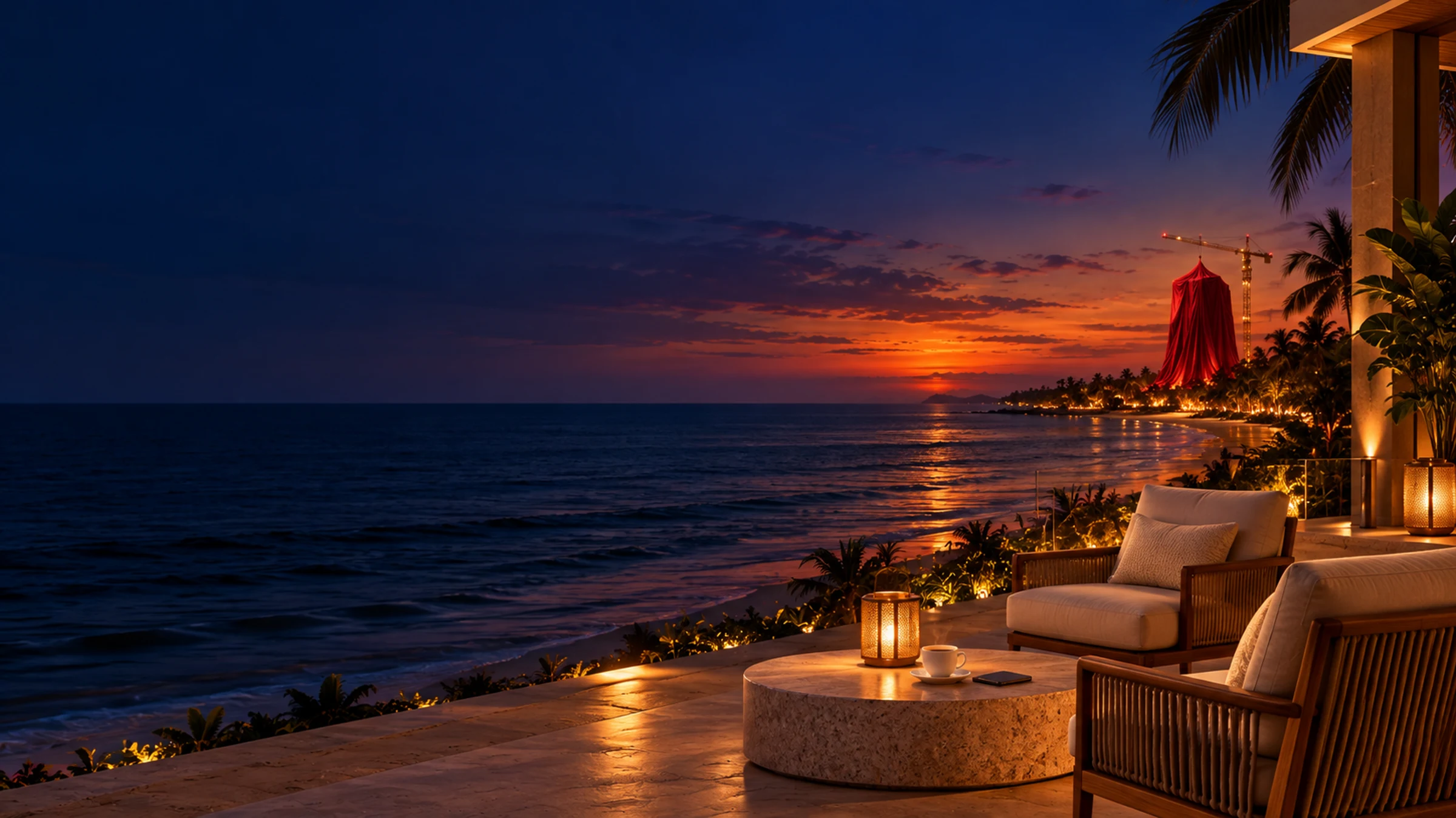 Illustration of a seaside terrace at sunset