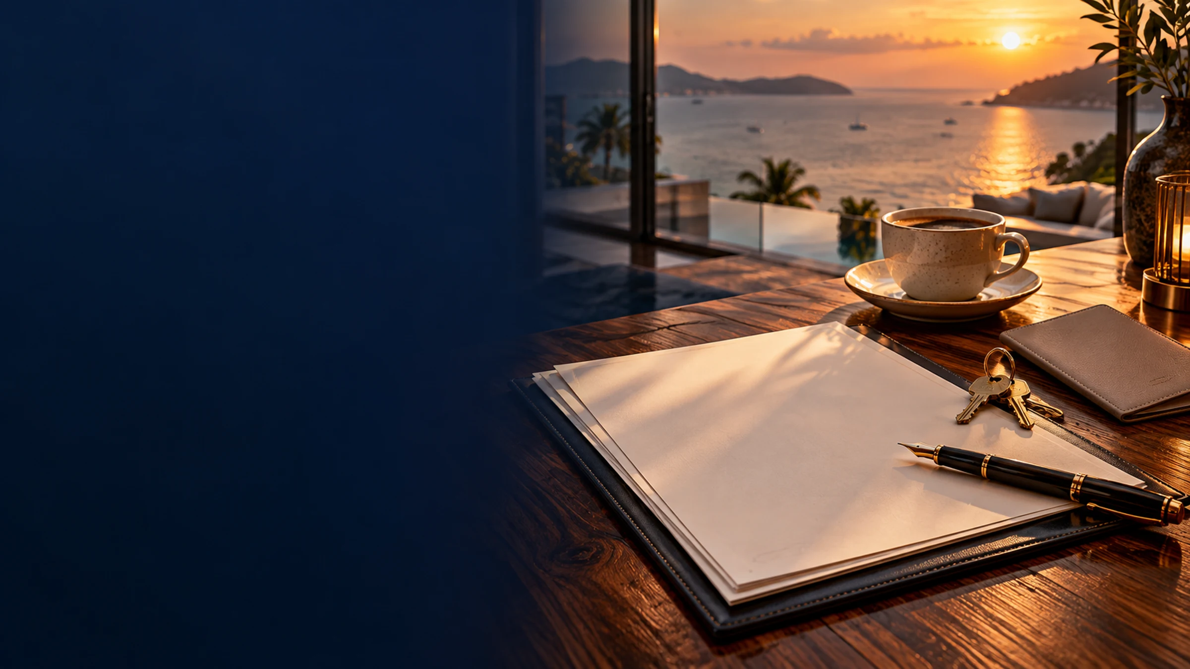 Illustration of documents on a table by a window